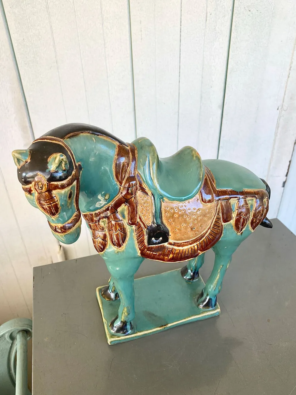 Cheval vintage en Ceramique émaillée turquoise