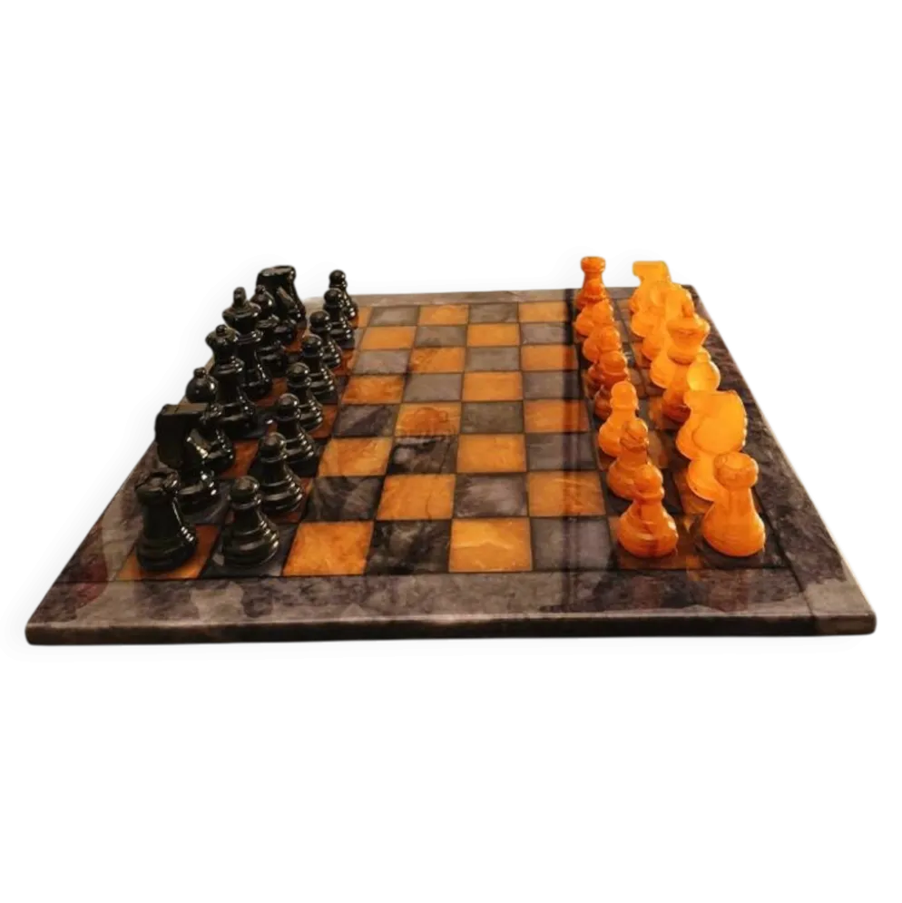 Échiquier de luxe vintage des années 1970 en véritable albâtre de Volterra - Agate noire et ambre - Fabriqué en Italie