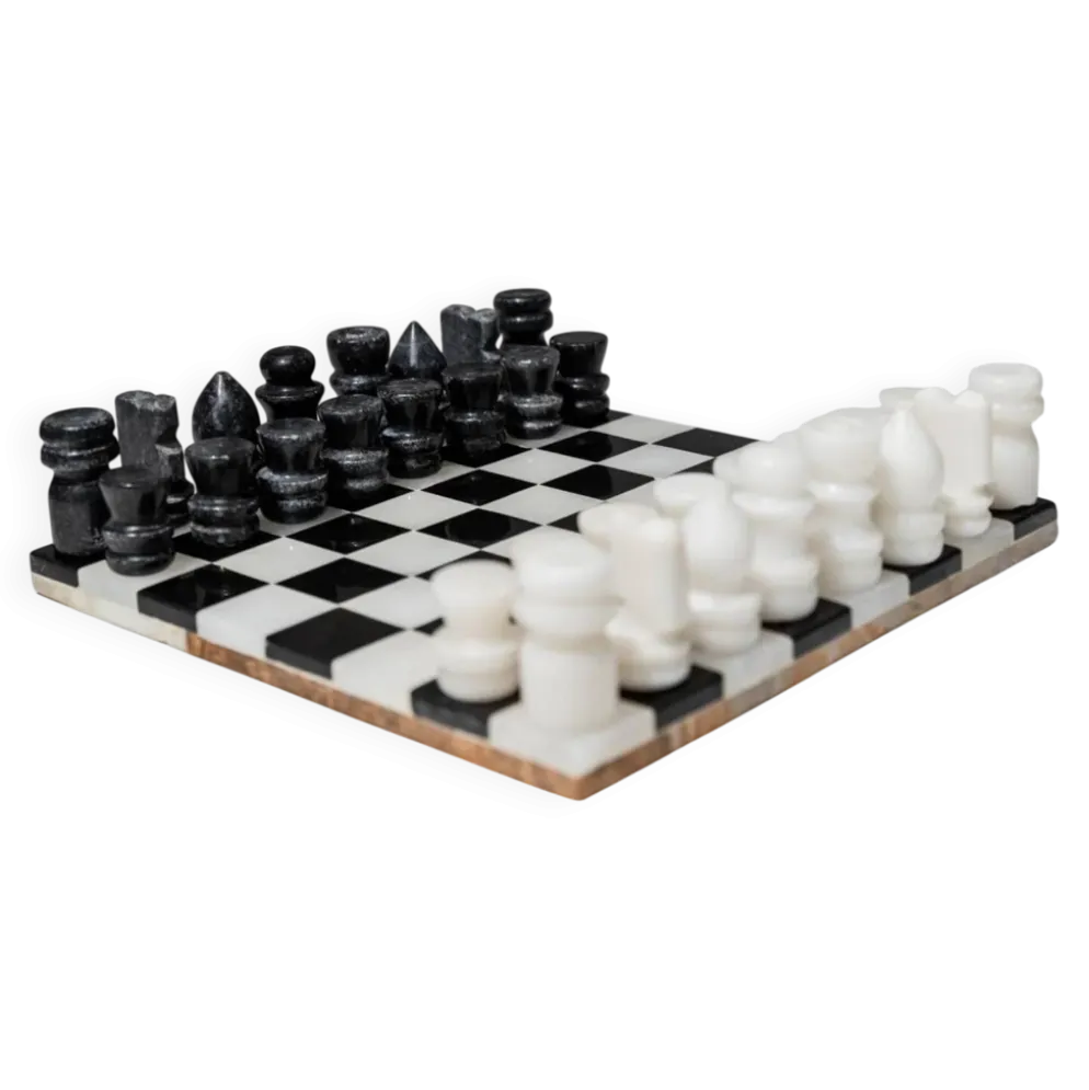 Échiquier en marbre noir et blanc vintage avec des pièces en marbre assorties, design italien des années 1960, pièce maîtresse sculpturale.