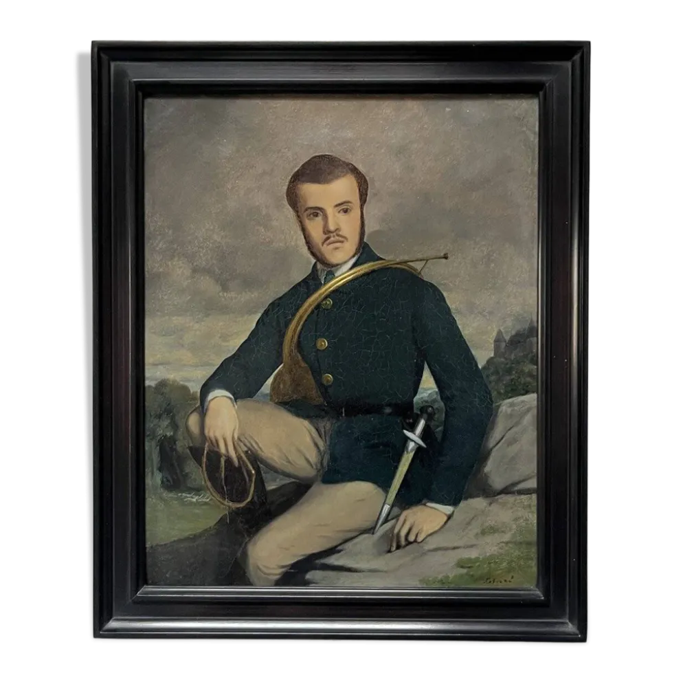 École française début XXe siècle, Portrait d'un chasseur, huile sur toile signée