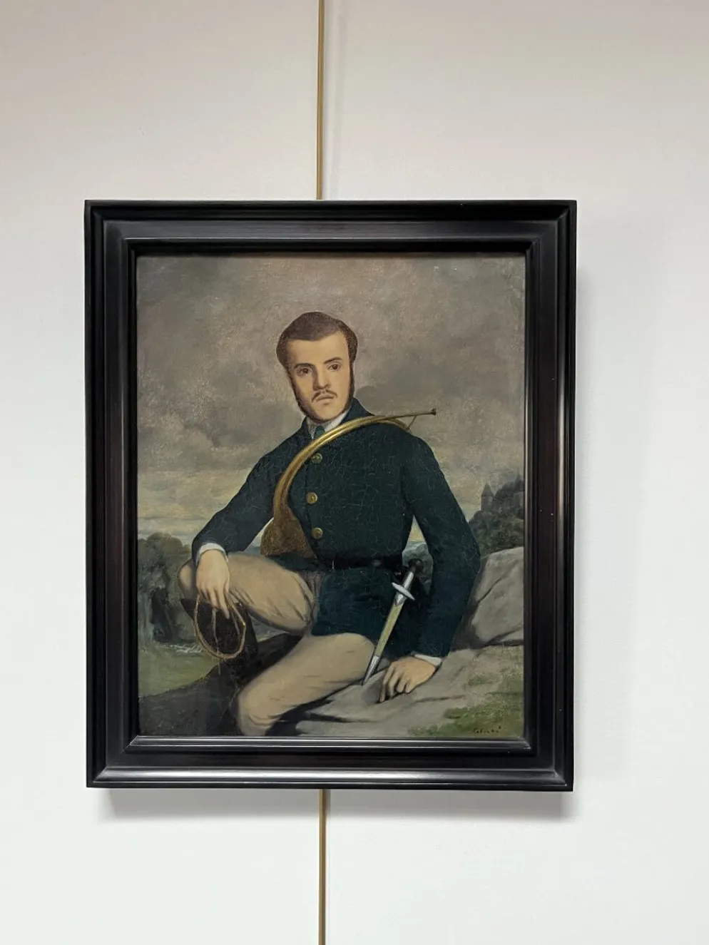 École française début XXe siècle, Portrait d'un chasseur, huile sur toile signée