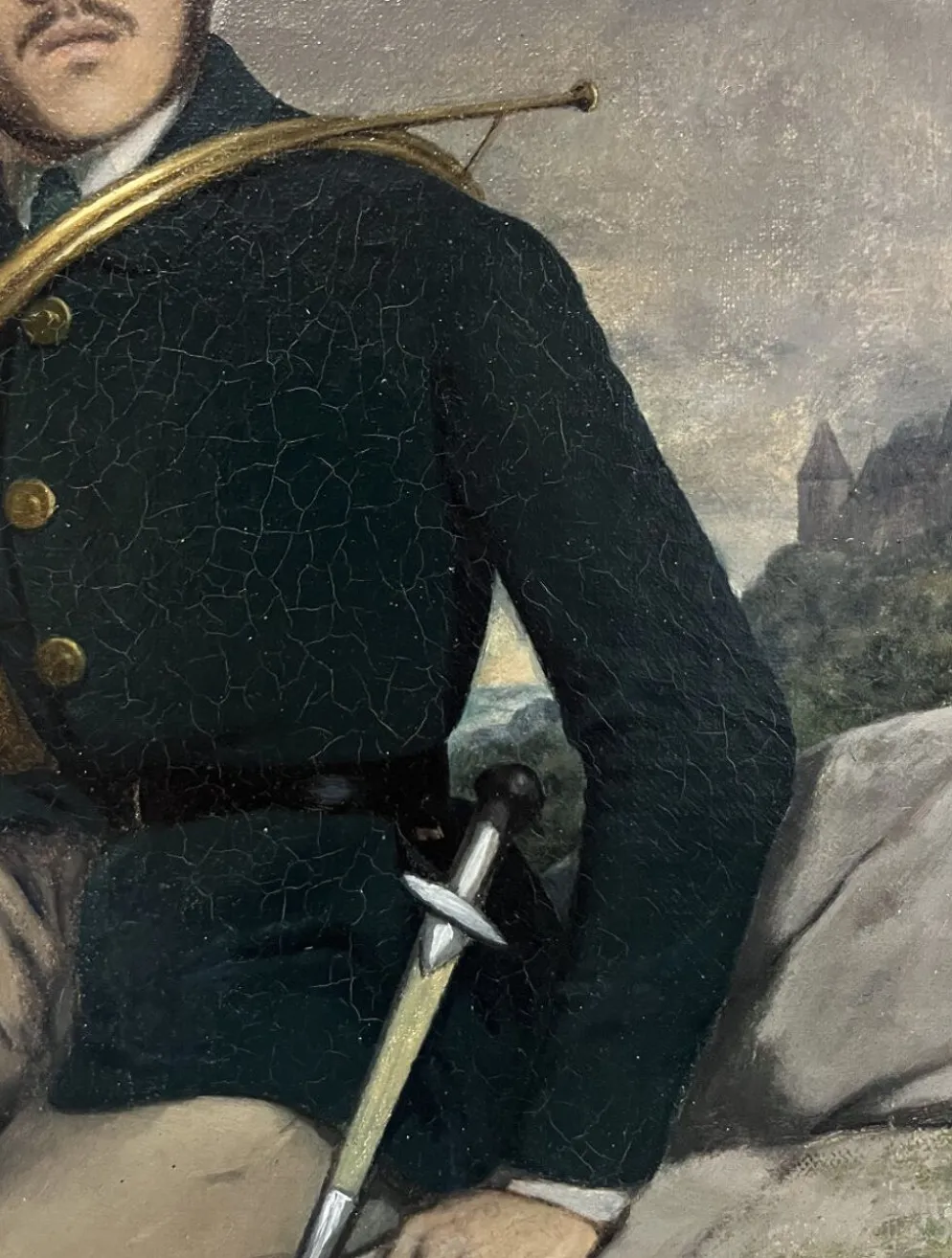 École française début XXe siècle, Portrait d'un chasseur, huile sur toile signée
