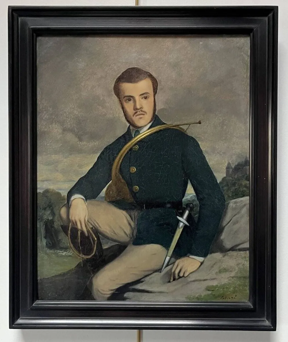 École française début XXe siècle, Portrait d'un chasseur, huile sur toile signée