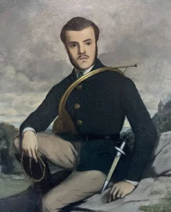 École française début XXe siècle, Portrait d'un chasseur, huile sur toile signée