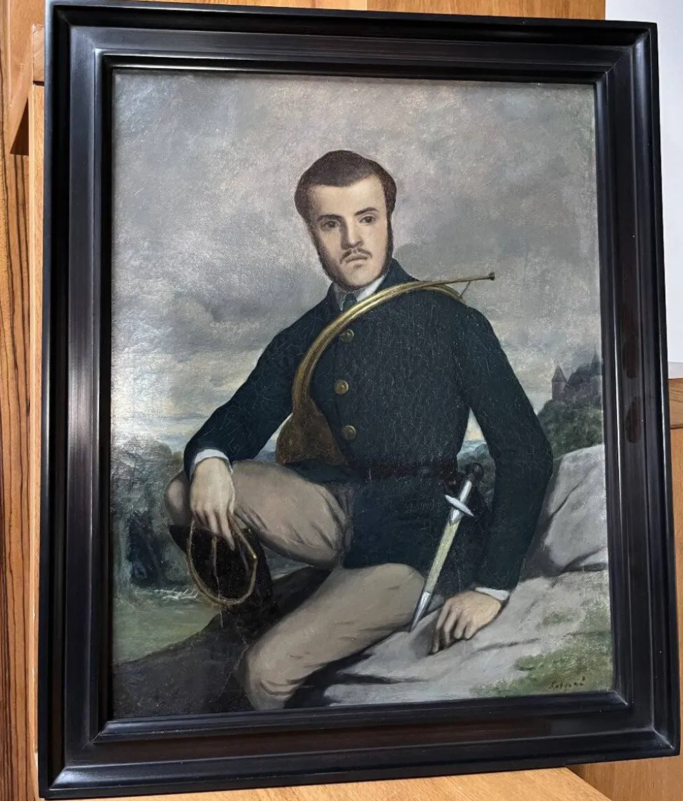 École française début XXe siècle, Portrait d'un chasseur, huile sur toile signée