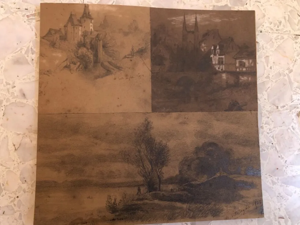 Collage dessins à la mine de plomb et craie blanche 1872