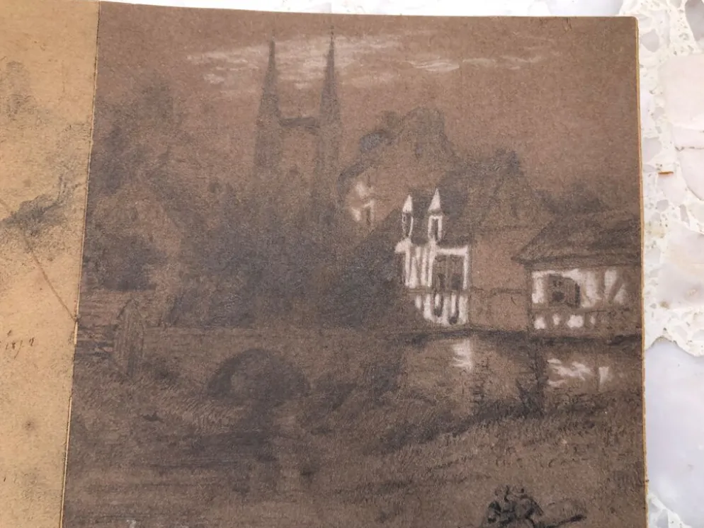 Collage dessins à la mine de plomb et craie blanche 1872