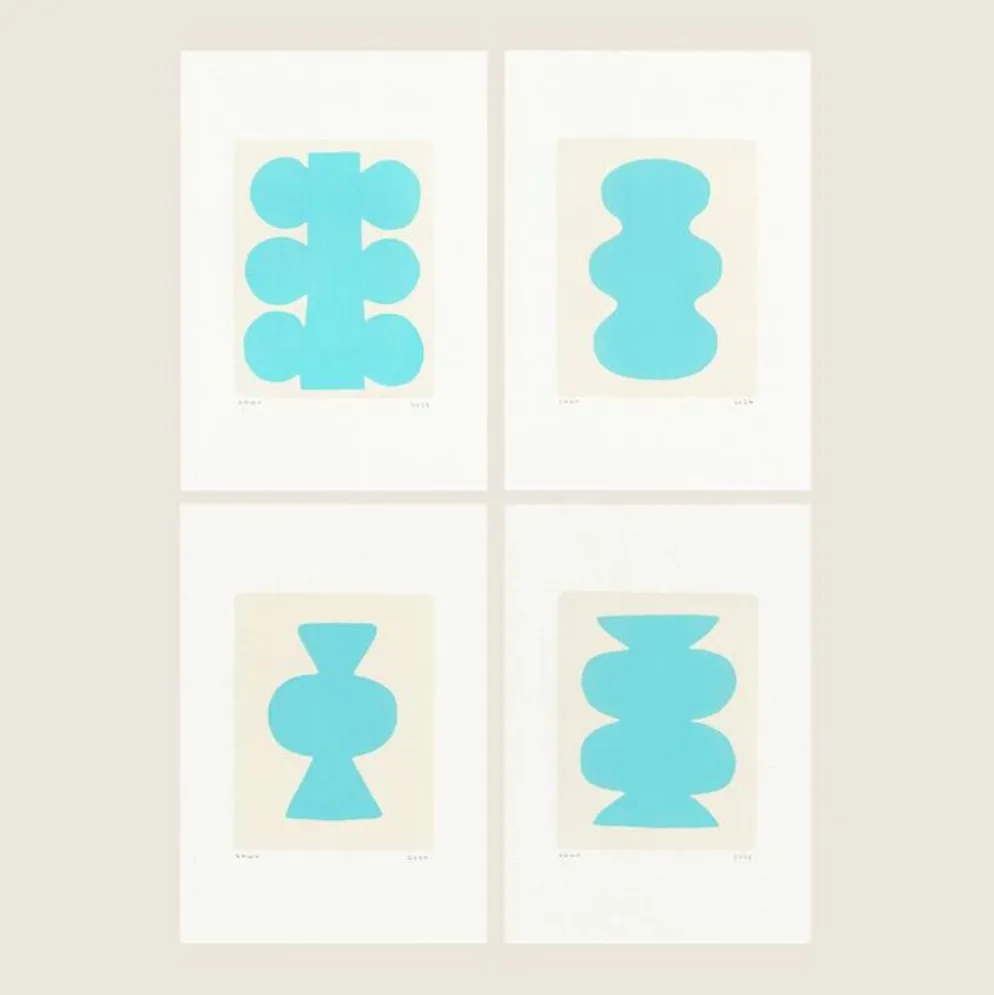 Collection de 4 peintures abstraites bleu ciel signées Eawy