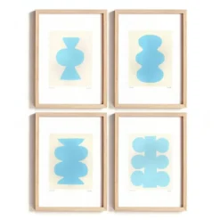 Collection de 4 peintures abstraites bleu ciel signées Eawy