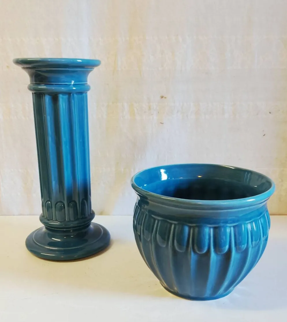 Colonne et vasque style Art-Déco en céramique émaillée bleu - mid. XXe