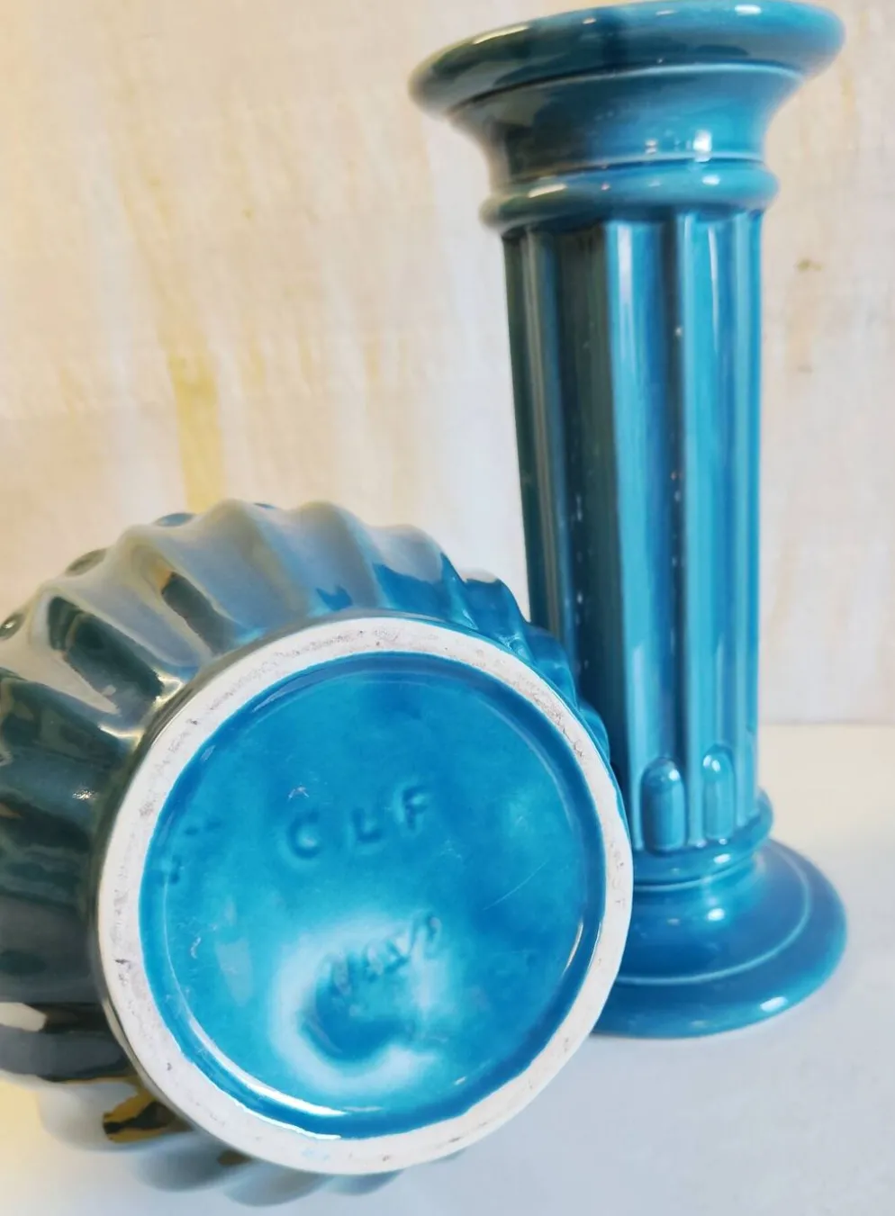 Colonne et vasque style Art-Déco en céramique émaillée bleu - mid. XXe