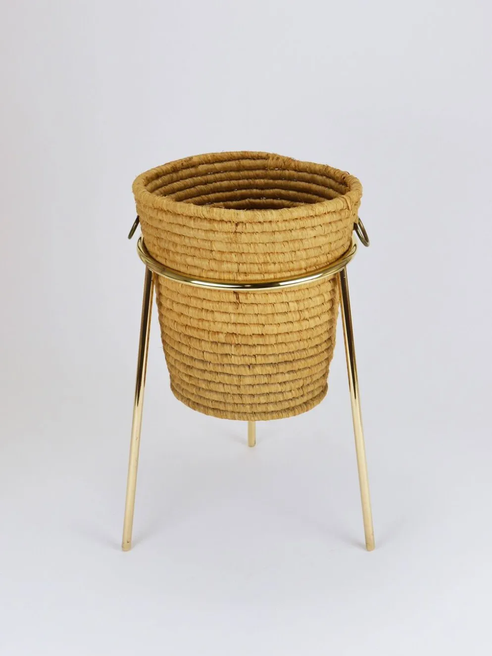 Corbeille à papier Carl Auböck II en raphia et laiton, porte-parapluie, années 1950