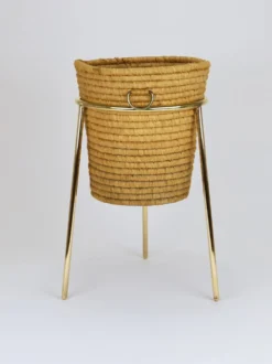Corbeille à papier Carl Auböck II en raphia et laiton, porte-parapluie, années 1950