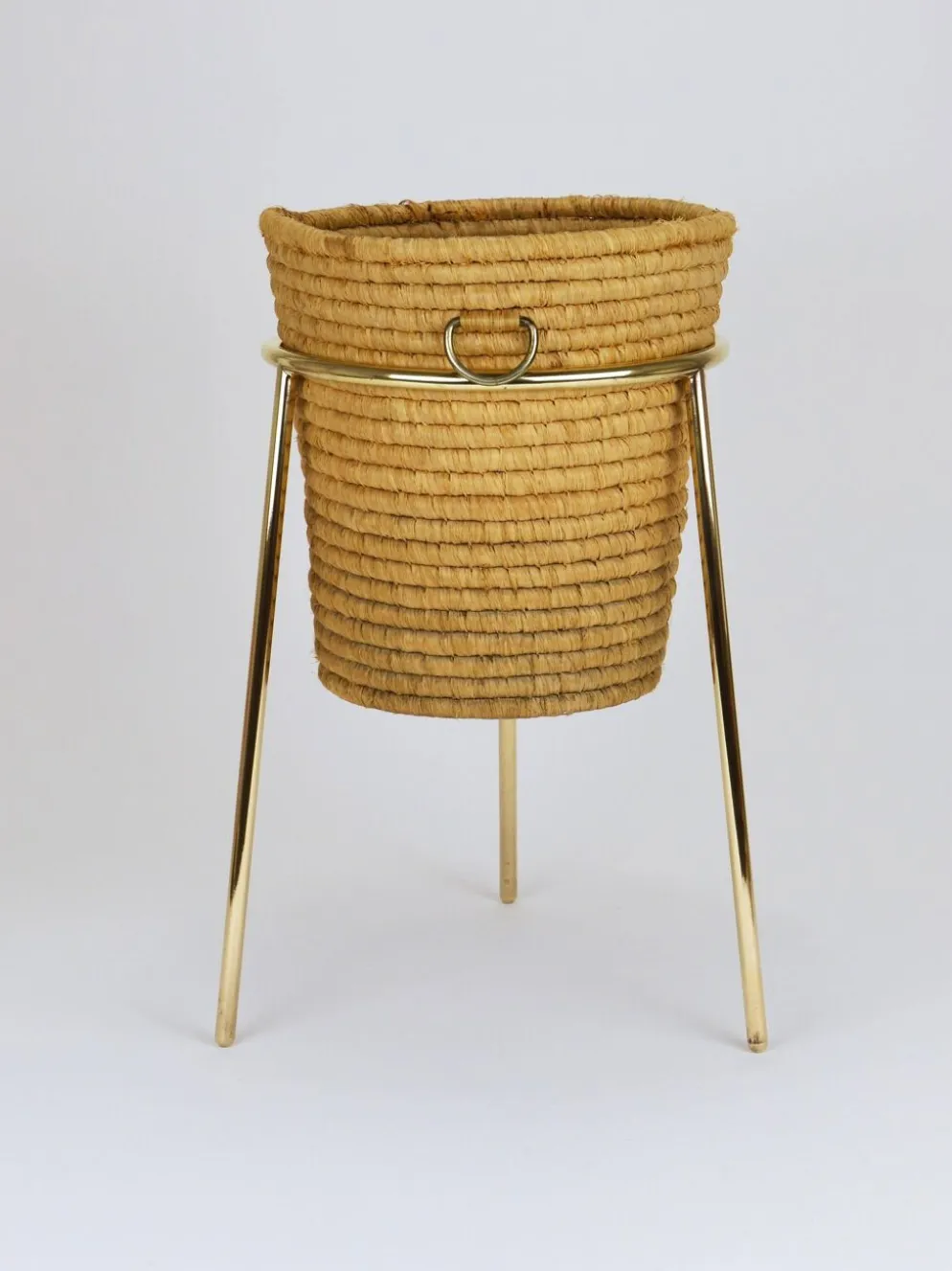 Corbeille à papier Carl Auböck II en raphia et laiton, porte-parapluie, années 1950