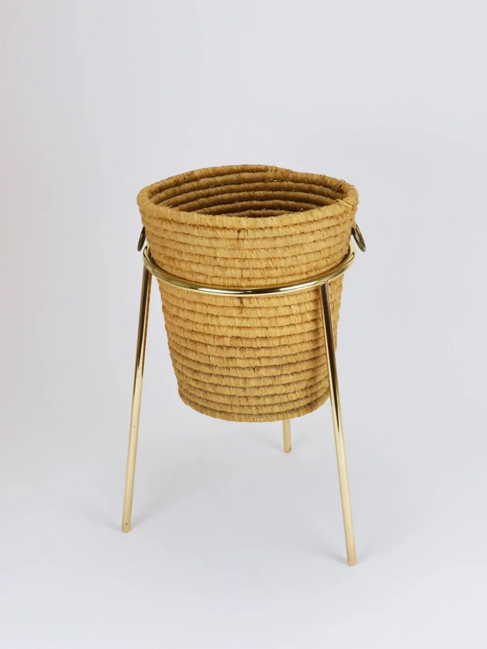 Corbeille à papier Carl Auböck II en raphia et laiton, porte-parapluie, années 1950