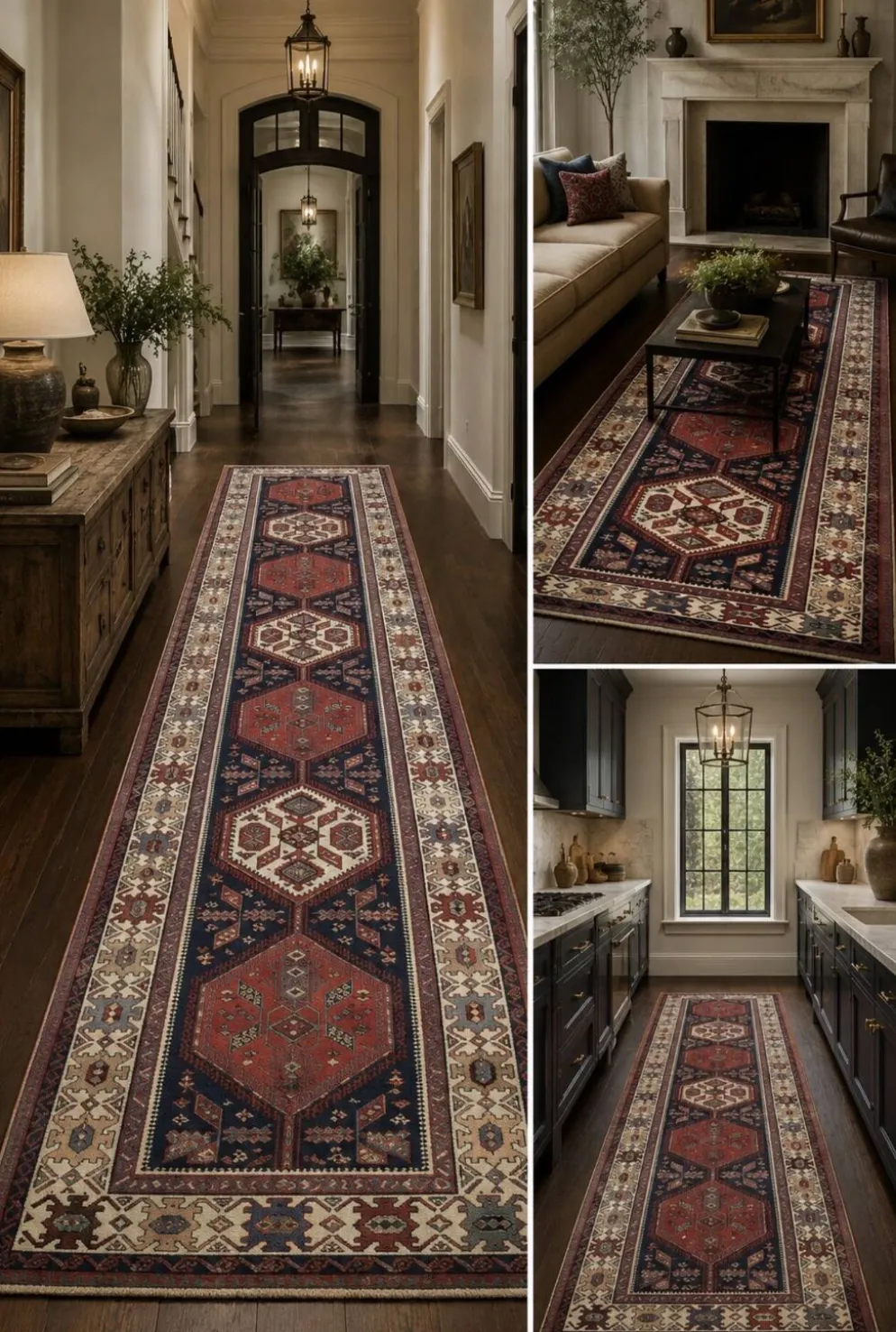 Couloir en laine oriental fait main, tapis de marche long avec médaillon géométrique.