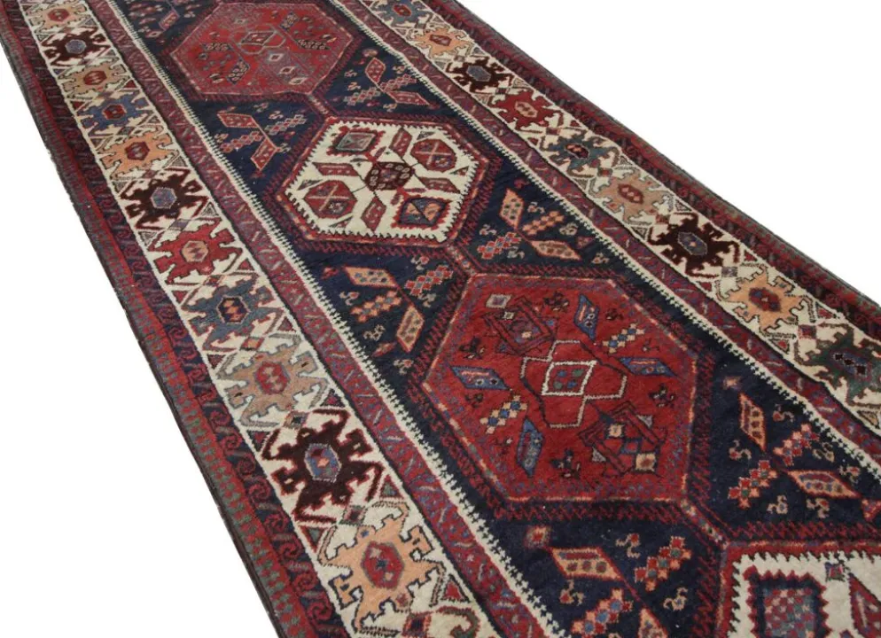Couloir en laine oriental fait main, tapis de marche long avec médaillon géométrique.