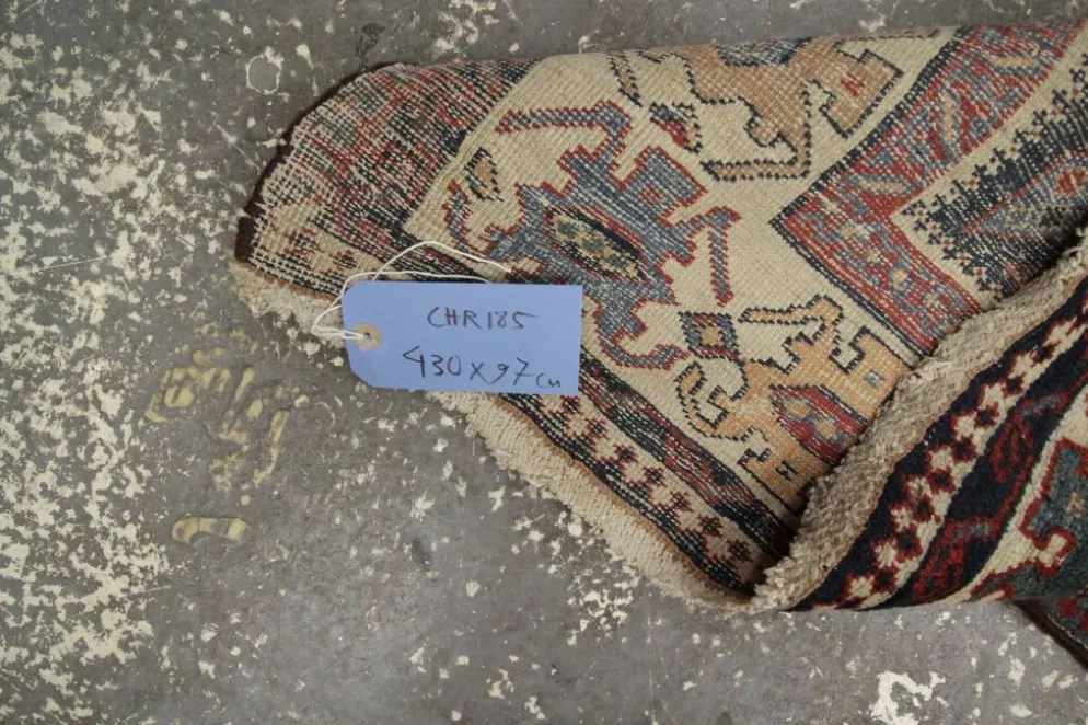 Couloir en laine oriental fait main, tapis de marche long avec médaillon géométrique.