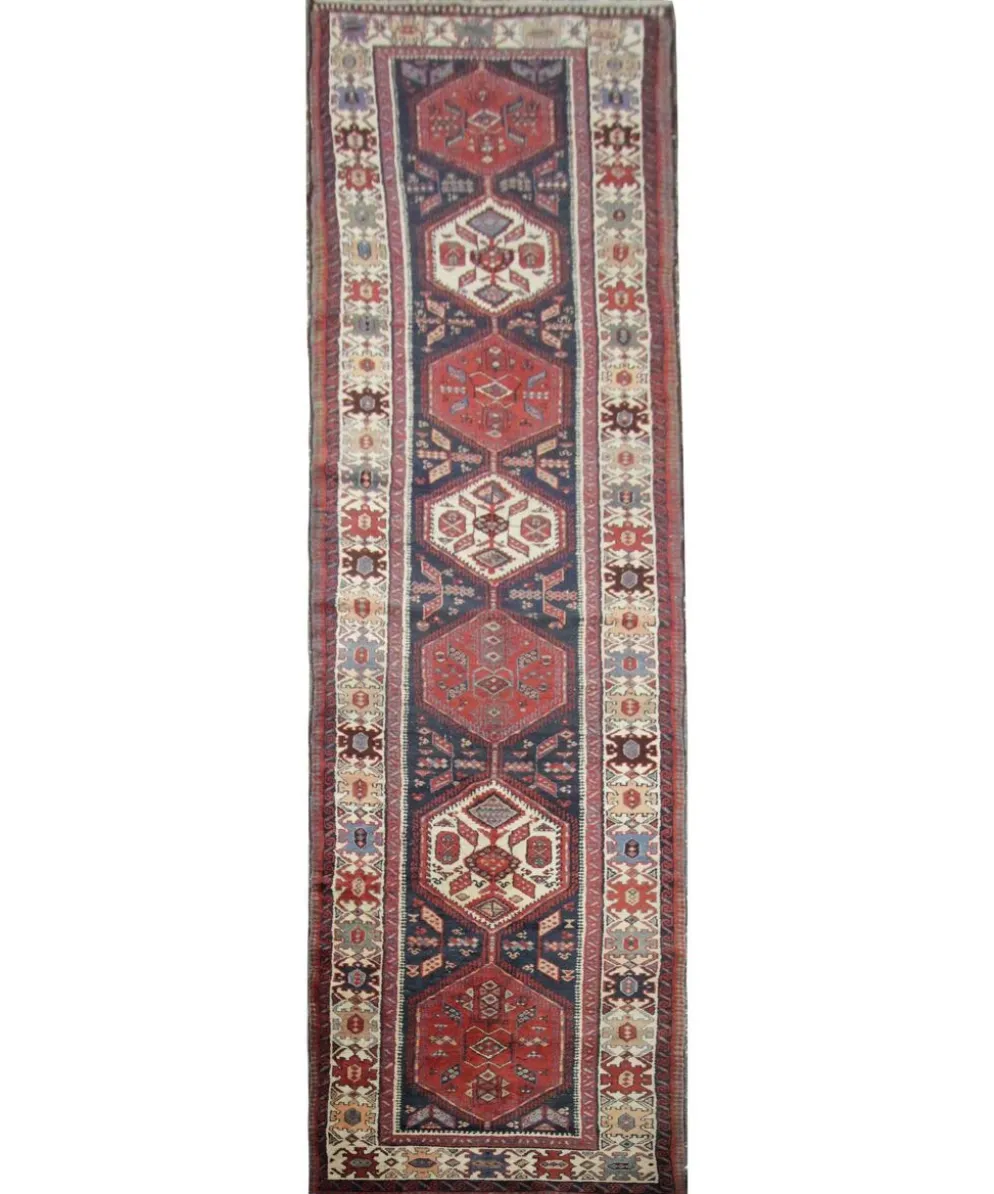 Couloir en laine oriental fait main, tapis de marche long avec médaillon géométrique.