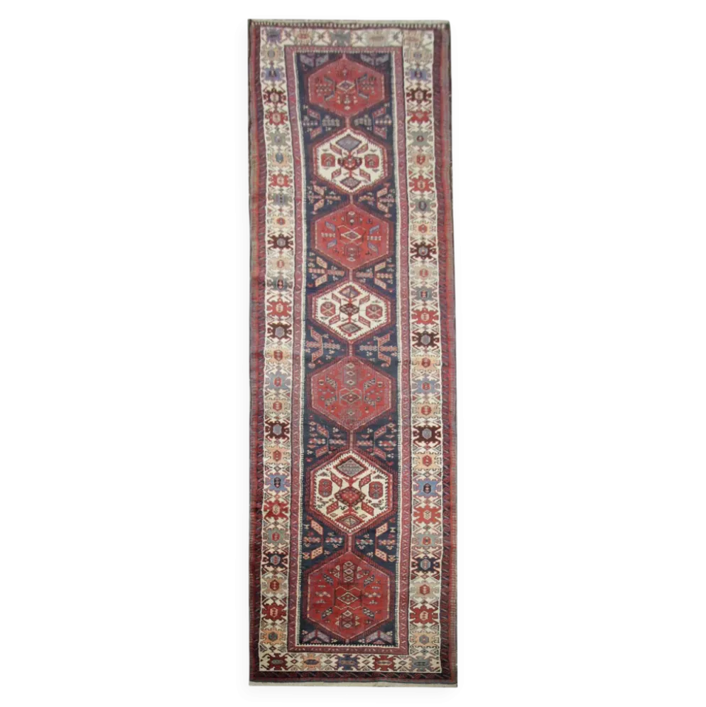 Couloir en laine oriental fait main, tapis de marche long avec médaillon géométrique.