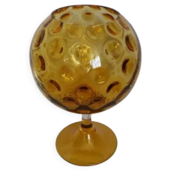 Coupe calice vase ballon sur pied XXL en verre ambré à relief bulles Empoli