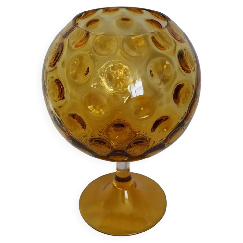 Coupe calice vase ballon sur pied XXL en verre ambré à relief bulles Empoli