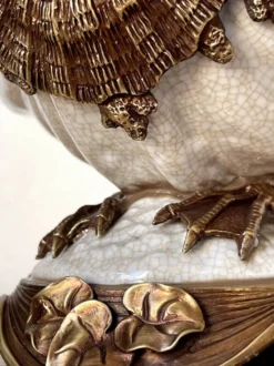 Coupe, centre de table décorative au cygne en bronze et porcelaine craquelée – Style Art nouveau / Hollywood Regency