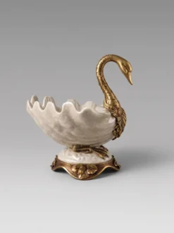 Coupe, centre de table décorative au cygne en bronze et porcelaine craquelée – Style Art nouveau / Hollywood Regency