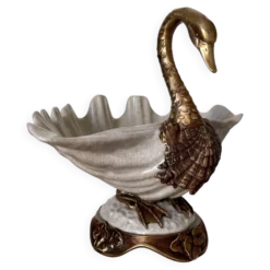 Coupe, centre de table décorative au cygne en bronze et porcelaine craquelée – Style Art nouveau / Hollywood Regency