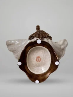 Coupe, centre de table décorative au cygne en bronze et porcelaine craquelée – Style Art nouveau / Hollywood Regency