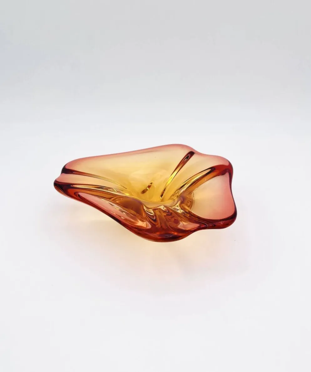 Coupe Vide-Poche Sommerso Ambre Orange 20cm 889g Vintage Murano Art Gl