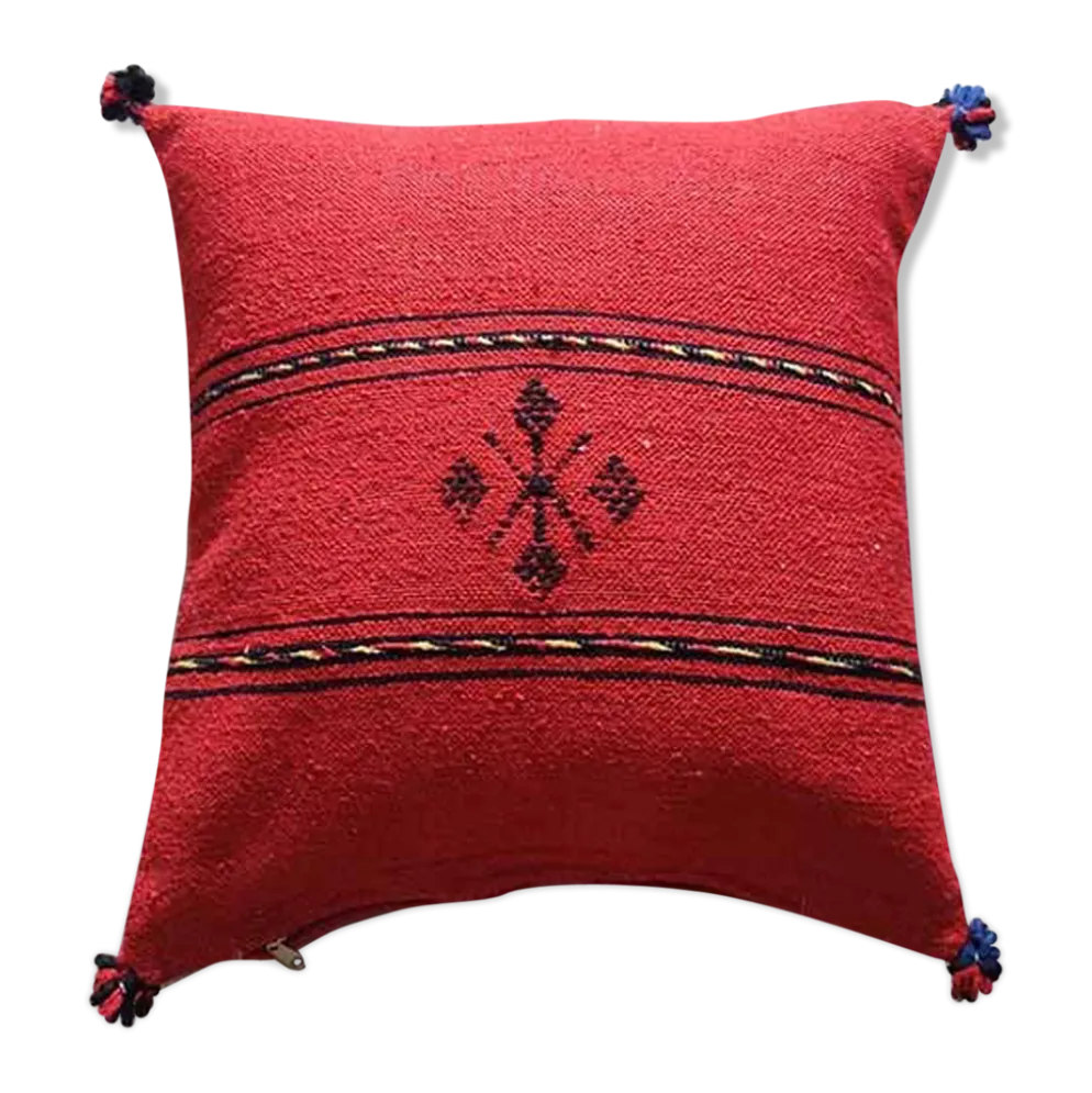 Coussin berbère rouge à pompon en coton
