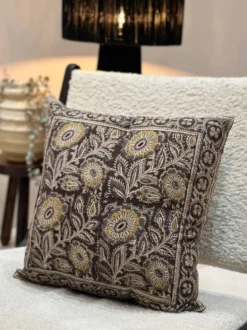 Coussin block print fleurs “jardin indien” - Brun/Jaune