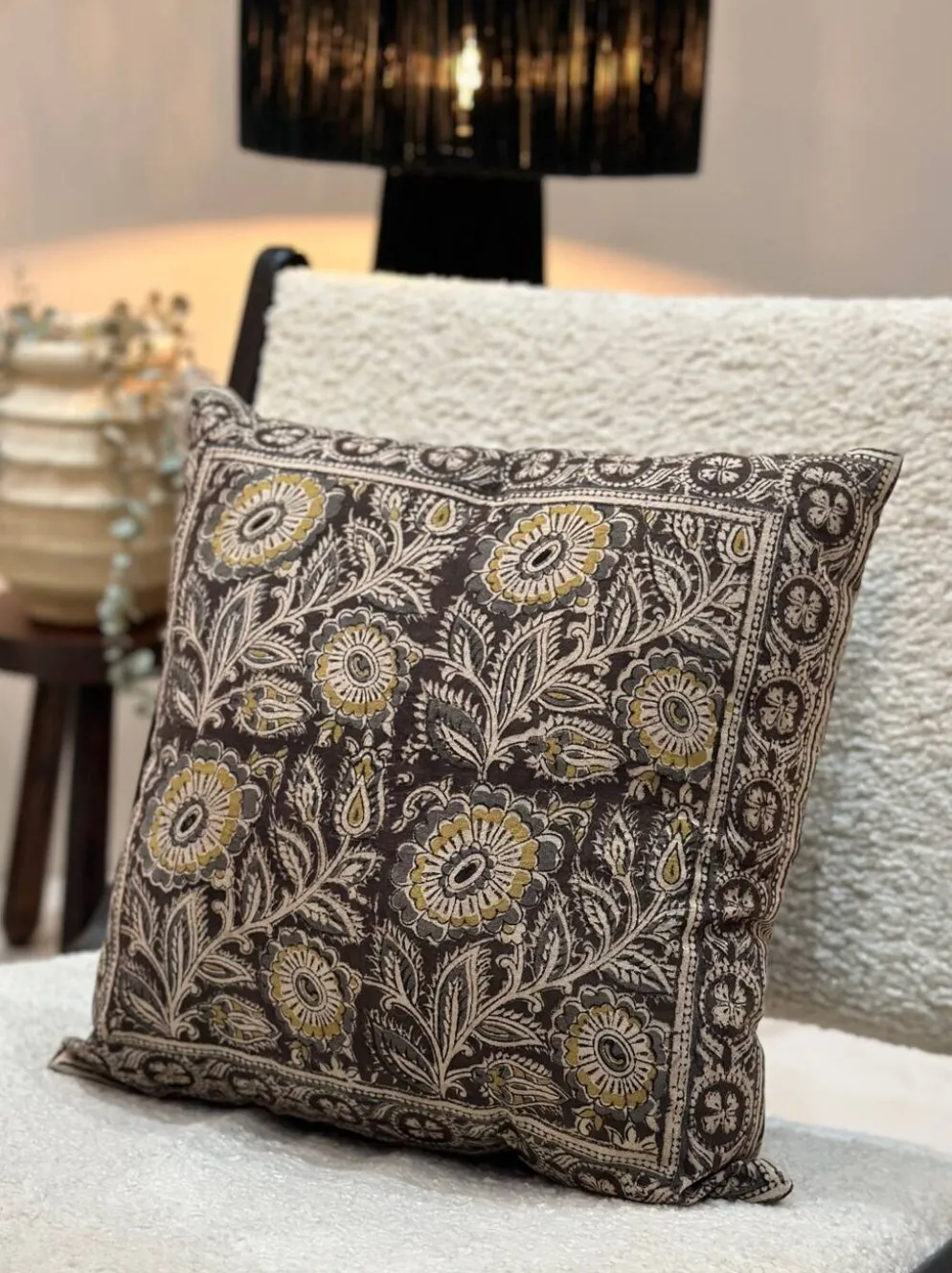 Coussin block print fleurs “jardin indien” - Brun/Jaune