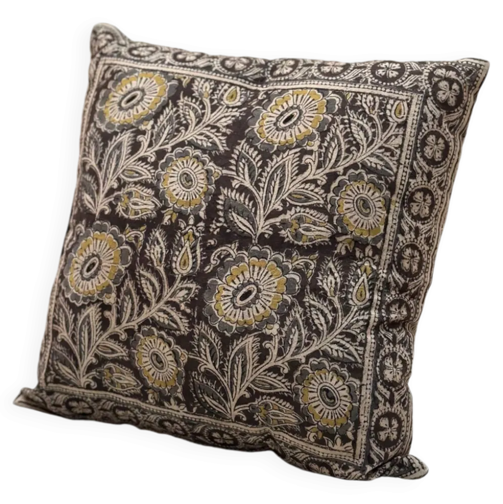Coussin block print fleurs “jardin indien” - Brun/Jaune