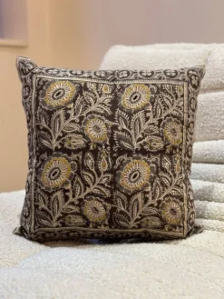 Coussin block print fleurs “jardin indien” - Brun/Jaune
