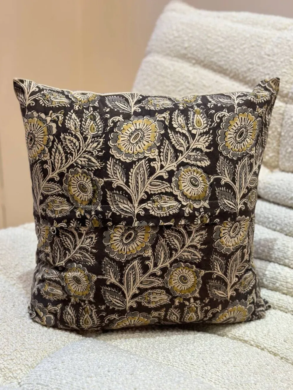 Coussin block print fleurs “jardin indien” - Brun/Jaune