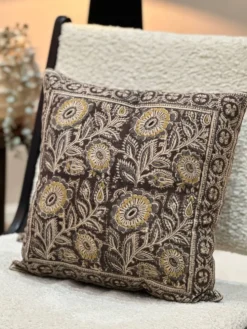 Coussin block print fleurs “jardin indien” - Brun/Jaune