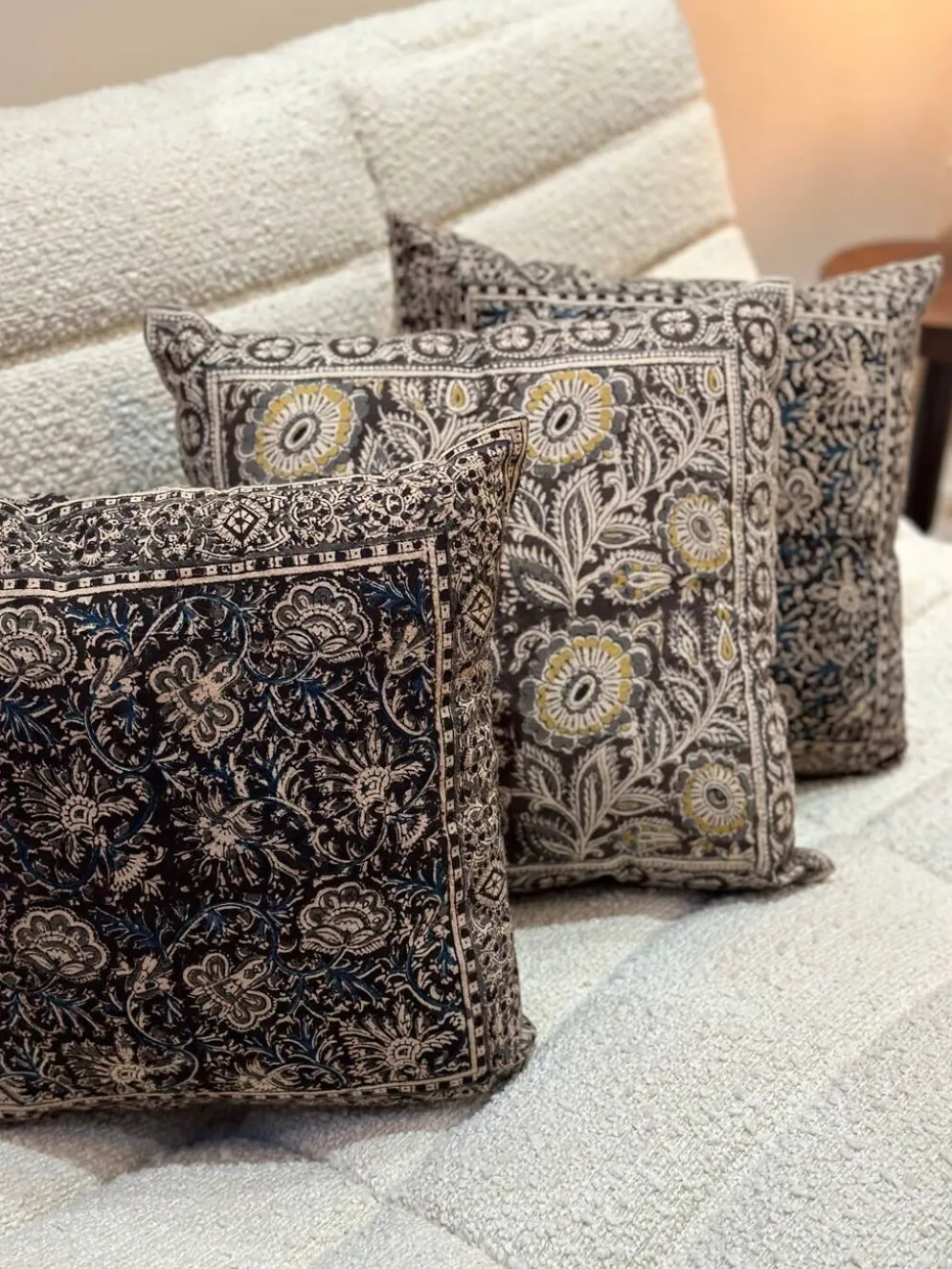 Coussin block print fleurs “jardin indien” - Brun/Jaune