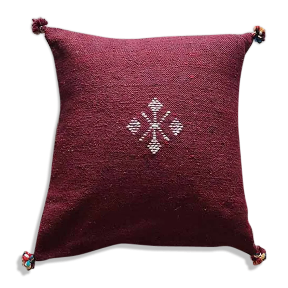 Coussin marocain bordeaux à pompon en coton