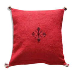 Coussin marocain rouge à pompon en coton