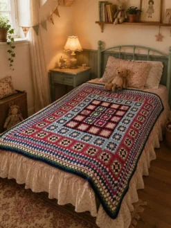 couverture dessus de lit vintage en crochet compose de carré granny