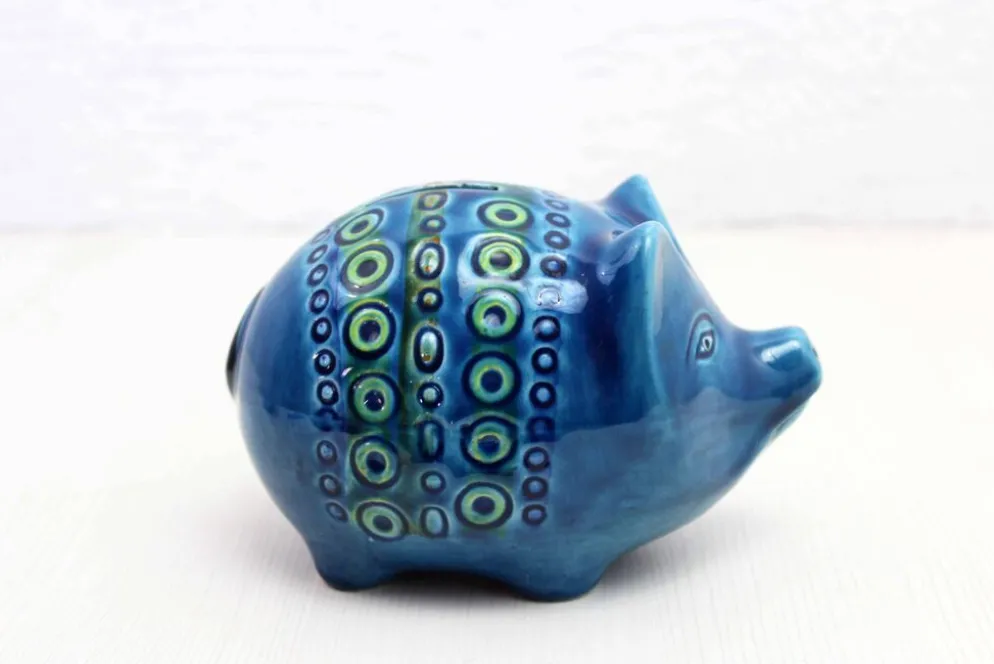 Céramique zoomorphe, Cochon Tirelire en céramique bleue de Rimini, Italie 1970