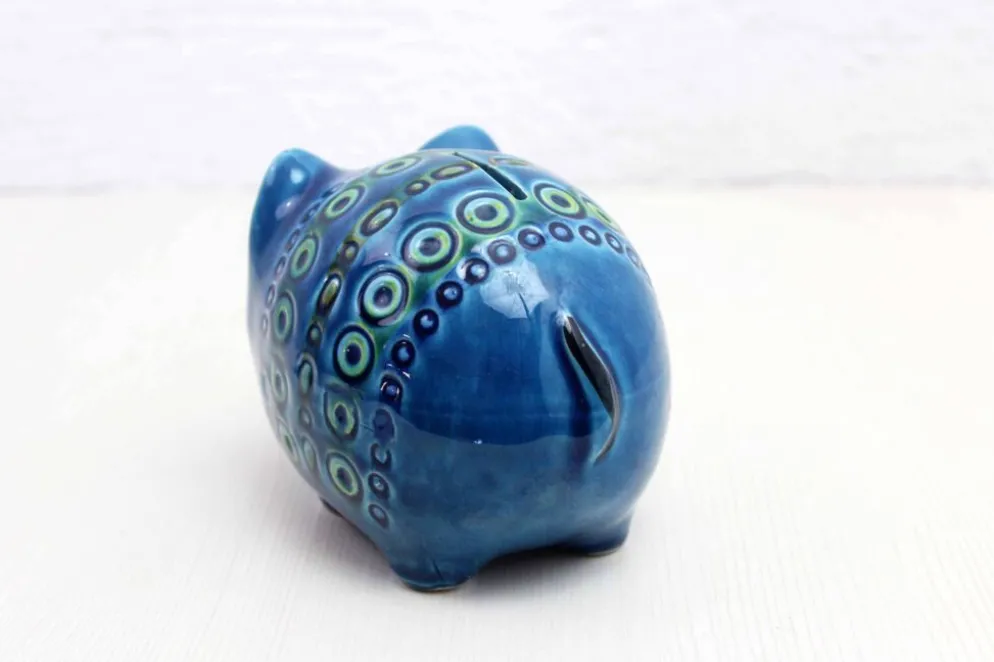 Céramique zoomorphe, Cochon Tirelire en céramique bleue de Rimini, Italie 1970