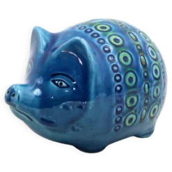 Céramique zoomorphe, Cochon Tirelire en céramique bleue de Rimini, Italie 1970