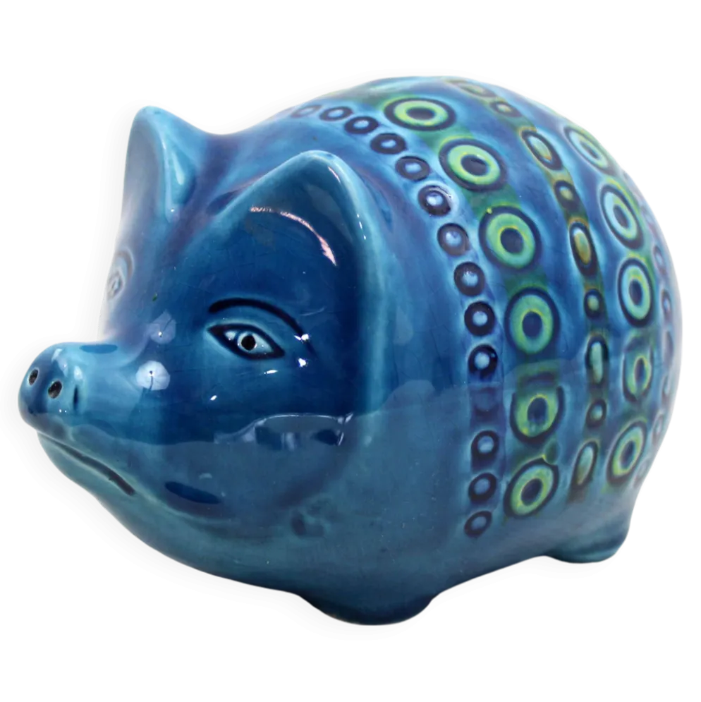 Céramique zoomorphe, Cochon Tirelire en céramique bleue de Rimini, Italie 1970