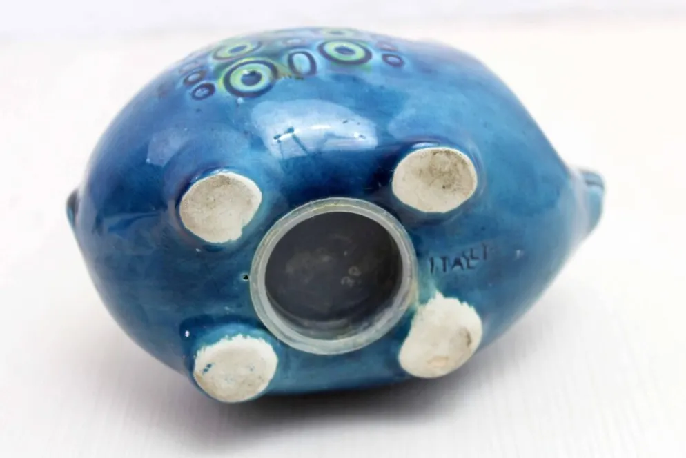 Céramique zoomorphe, Cochon Tirelire en céramique bleue de Rimini, Italie 1970