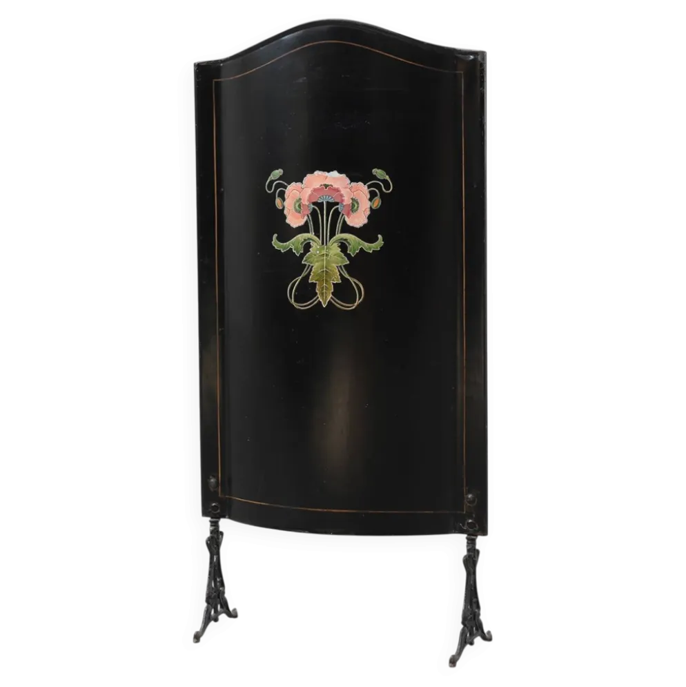 Écran de feu en laque Art Nouveau avec motif floral peint à la main, France