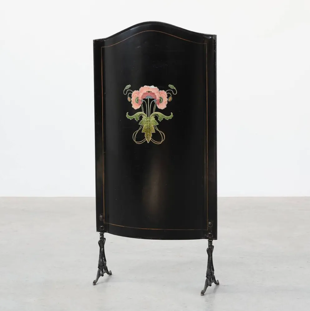 Écran de feu en laque Art Nouveau avec motif floral peint à la main, France