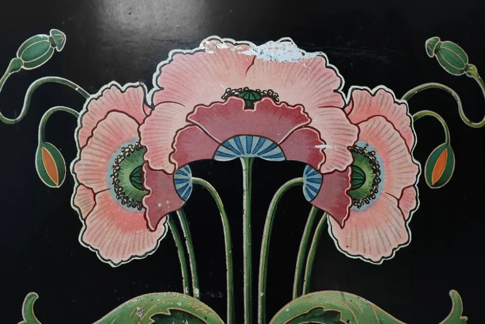 Écran de feu en laque Art Nouveau avec motif floral peint à la main, France